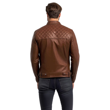 Men's Brown Quilted Café Racer Leather Jacket – Vintage Biker Style with Premium Genuine Leather