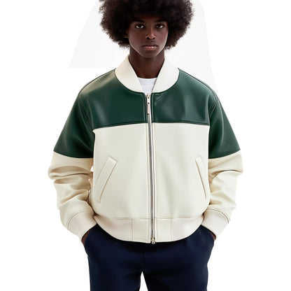 Mens Green and Cream Leather Varsity Jacket – Stylish Two-Tone Bomber for Casual and Sportswear