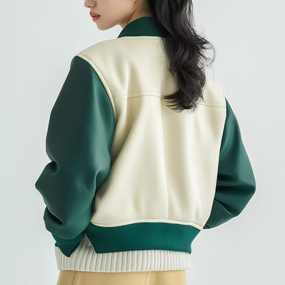 Women's Green and Cream Varsity Leather Jacket - Stylish Bomber for Casual Wear