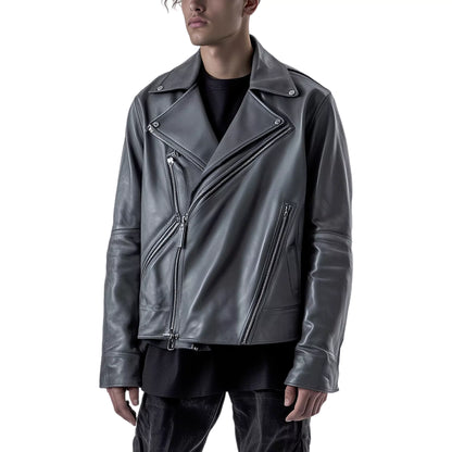 Men's Grey Biker Leather Jacket – Asymmetrical Zipper Moto Fashion Coat – Premium Motorcycle Outerwear