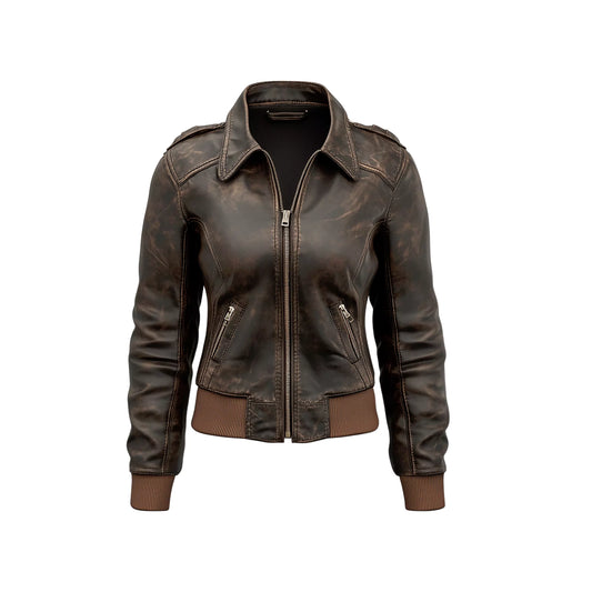 Vintage Distressed Brown Leather Bomber Jacket for Women – Classic Military-Inspired Outerwear