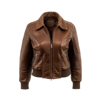 Women's Vintage Brown Leather Bomber Jacket – Classic Aviator Style with Ribbed Trim