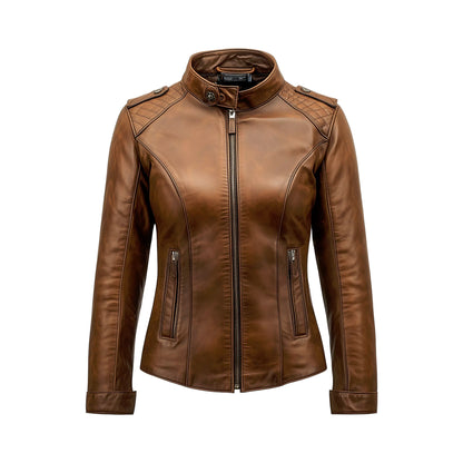 Women's Vintage Café Racer Leather Jacket  Coffee Brown Biker Style with Quilted Shoulders
