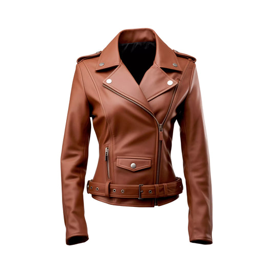 Women's Brown Leather Jacket - Asymmetrical Zip, Belted Waist, Moto Style