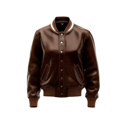 Women's Classic Leather Varsity Bomber Jacket Coffee Brown