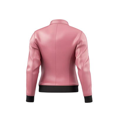 Women's Pink Leather Bomber Jacket – Sporty Chic Varsity Style with Ribbed Trim