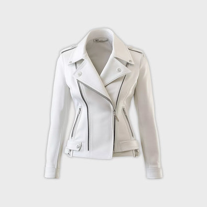 Women's White Leather Biker Jacket – Modern Asymmetrical Moto Style with Silver Zippers