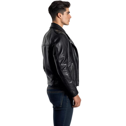 Men's Black Premium Genuine Leather Biker Jacket – Sleek Slim Fit with Classic Zipper Detailing