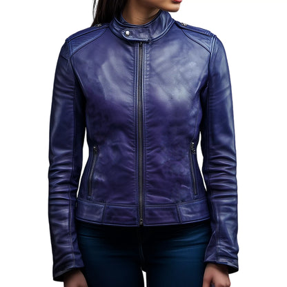 Women's Blueberry Café Racer Leather Jacket – Slim Fit Biker Style