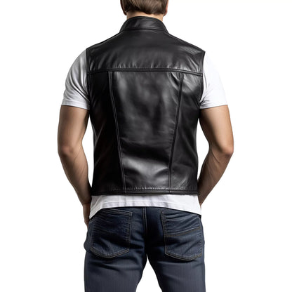 Men’s Leather Biker Vest – Genuine Leather Club Waistcoat with Front Zipper