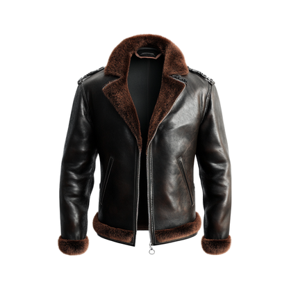 Men’s Luxe Shearling-Lined Biker Jacket in Distressed Black Leather – Winter Edition