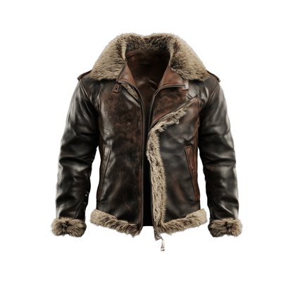 Men’s Retro Shearling-Lined Leather Jacket – Winter Bomber Style with Distressed Finish