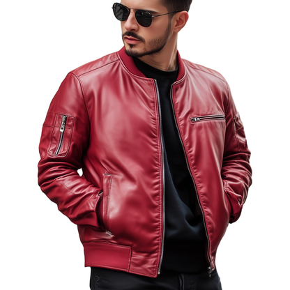 Crimson Edge Leather Bomber Jacket – Sleek & Stylish Streetwear