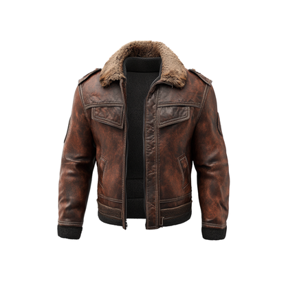 Men's Vintage Brown Leather Jacket with Fur Collar – Classic Aviator Style