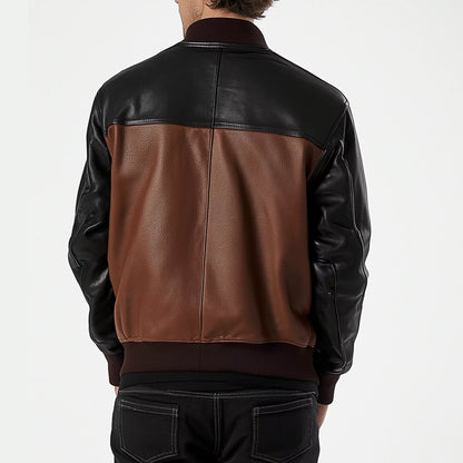 Mens Black and Brown Leather Varsity Jacket - Classic Bomber Style for Casual Wear and Street Fashion