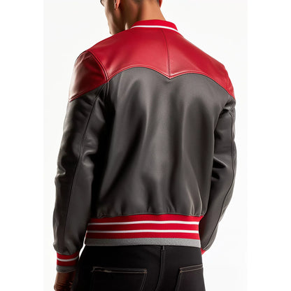 Classic Grey and Red Varsity Jacket for Men - Premium Leather Streetwear Outerwear