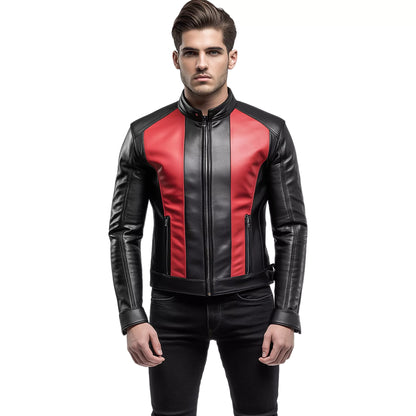 Men's Black and Red Leather Jacket - Sleek Racer Style with Bold Design