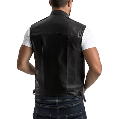 mens slim fit black leather vest