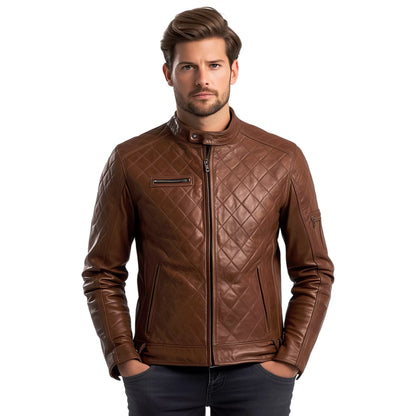 Men's Brown Quilted Café Racer Leather Jacket – Vintage Biker Style with Premium Genuine Leather