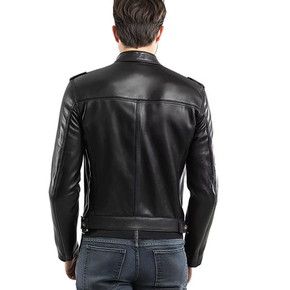 Men's Black Premium Genuine Leather Biker Jacket – Sleek Slim Fit with Classic Zipper Detailing