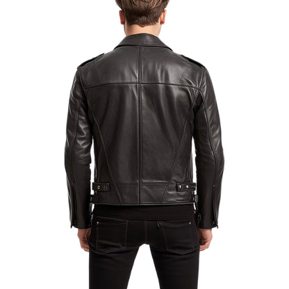Men's Black Leather Biker Jacket – Sleek Moto Design with Asymmetric Zippers & Belted Waist
