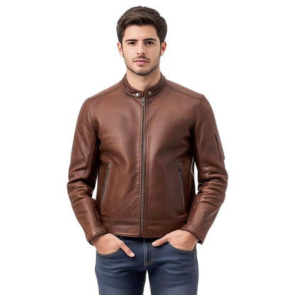 Men’s Brown Café Racer Leather Jacket – Classic Biker Style with Vintage Finish