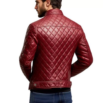 Men’s Deep Red Maroon Quilted Leather Jacket – A Bold Fusion of Style & Sophistication