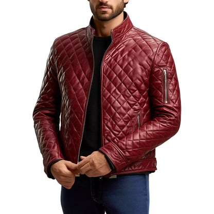 Men’s Deep Red Maroon Quilted Leather Jacket – A Bold Fusion of Style & Sophistication