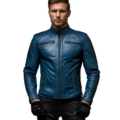 Men's Retro Blue Biker Leather Jacket – Premium Slim-Fit Moto Style for Bold Riders