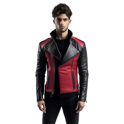 Men’s Red and Black Biker Leather Jacket – Stylish Slim Fit Motorcycle Outerwear with Asymmetrical Zipper