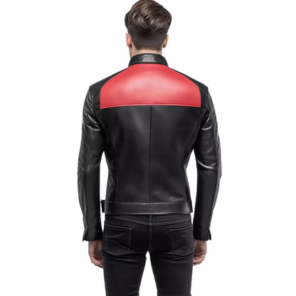 Men's Black and Red Leather Jacket - Sleek Racer Style with Bold Design