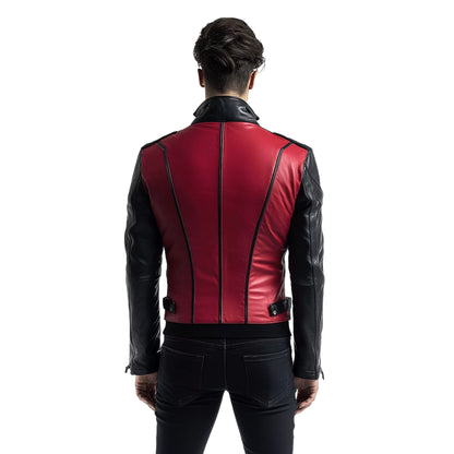 Men’s Red and Black Biker Leather Jacket – Stylish Slim Fit Motorcycle Outerwear with Asymmetrical Zipper