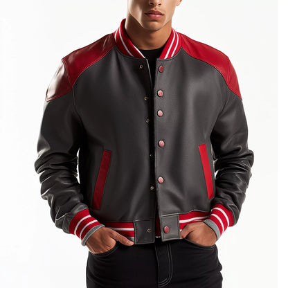 Classic Grey and Red Varsity Jacket for Men - Premium Leather Streetwear Outerwear