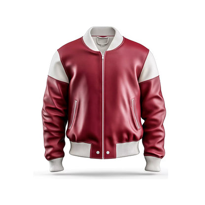 Mens Red and White Leather Varsity Jacket - Classic Bomber Style for Casual and Sportswear