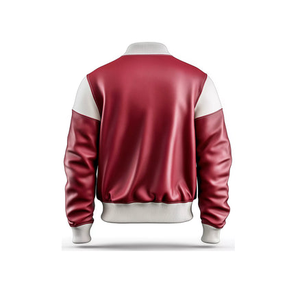 Mens Red and White Leather Varsity Jacket - Classic Bomber Style for Casual and Sportswear