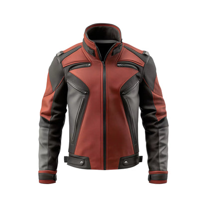 Men's Red & Grey Leather Motorcycle Jacket – Contemporary Biker Style with Adjustable Fit, Secure Zipper Pockets