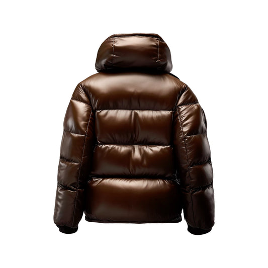 Women's Luxury Coffee Brown Leather Puffer Jacket – Ultra-Warm Winter Essential