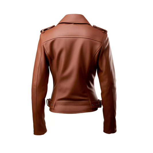 Women's Brown Leather Jacket - Asymmetrical Zip, Belted Waist, Moto Style
