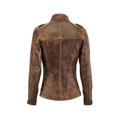 Women's Distressed Brown Leather Biker Jacket – Vintage Moto-Inspired with Shoulder Accents