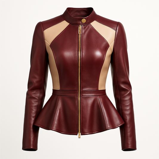 Designer Peplum Leather Jacket – Burgundy & Nude Colorblock | Women's Luxury Fit