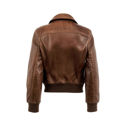 Women's Vintage Brown Leather Bomber Jacket – Classic Aviator Style with Ribbed Trim