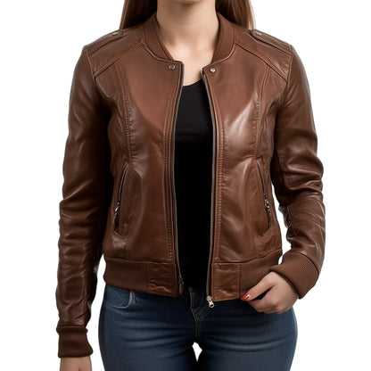 Women's Brown Leather Bomber Jacket – Classic Slim Fit with Ribbed Hem & Cuffs