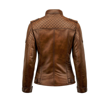 Women's Vintage Café Racer Leather Jacket  Coffee Brown Biker Style with Quilted Shoulders