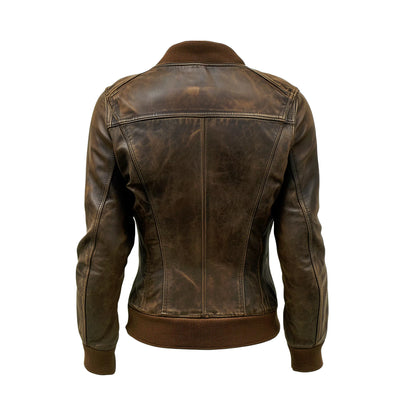 Women's Vintage Brown Leather Bomber Jacket – Classic Distressed Look with Ribbed Collar