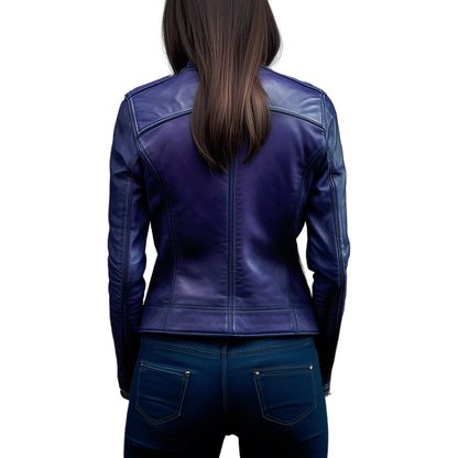Women's Blueberry Café Racer Leather Jacket – Slim Fit Biker Style