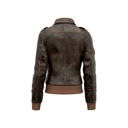 Vintage Distressed Brown Leather Bomber Jacket for Women – Classic Military-Inspired Outerwear