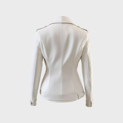 Women's White Leather Biker Jacket – Modern Asymmetrical Moto Style with Silver Zippers